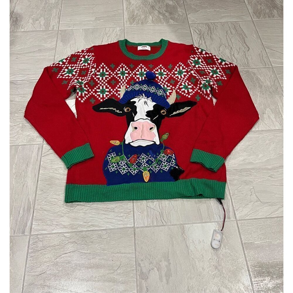 Holiday Time Cow With Light Up Necklace Ugly Christmas Sweater Men’s Medium